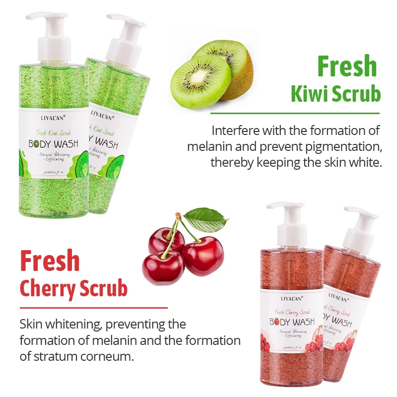 Fruit Scrub Shower Gel Exfoliating Soothing Whitening Body Wash Lightening Pore Deep Clean Skin Moisturizing Bath Foam Organic