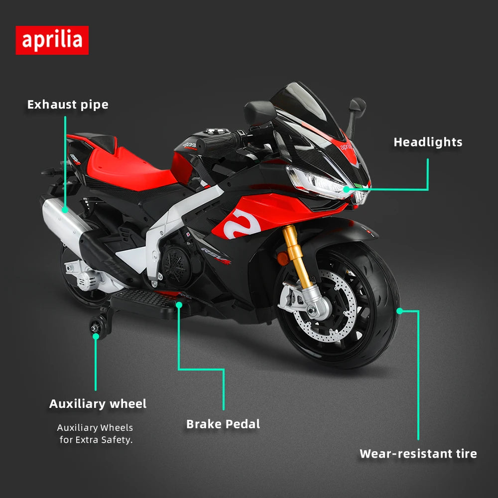 Aprilia Licensed 24V 12MPH Kids Motorcycle Electric Motorbike Ride On Toy w/150W Motor LED Lights Bluetooth Music 3-16 Years Old