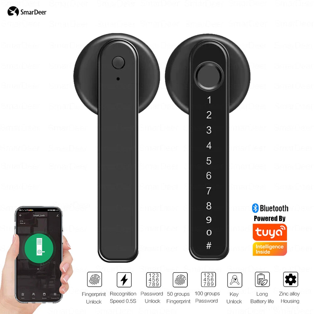 SmarDeer Electronic lock for Tuya Smart Lock Indoor BLE Fingerprint Lock with 60/70mm Latch Smartlife/Tuya APP Remote Unlock