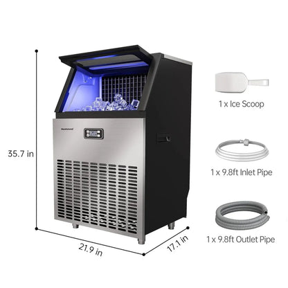 Commercial Ice Maker Machine,Stainless Steel,Automatic Cleaning,Blue Ray,Perfect for Bar or Business,includes Ice Shovel, Hose