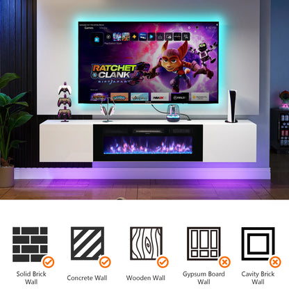 Floating Fireplace TV Stand,70" TV Cabinet,Wall Mounted Entertainment Center with 36" Electric Fireplace,Modern LED Lights Media