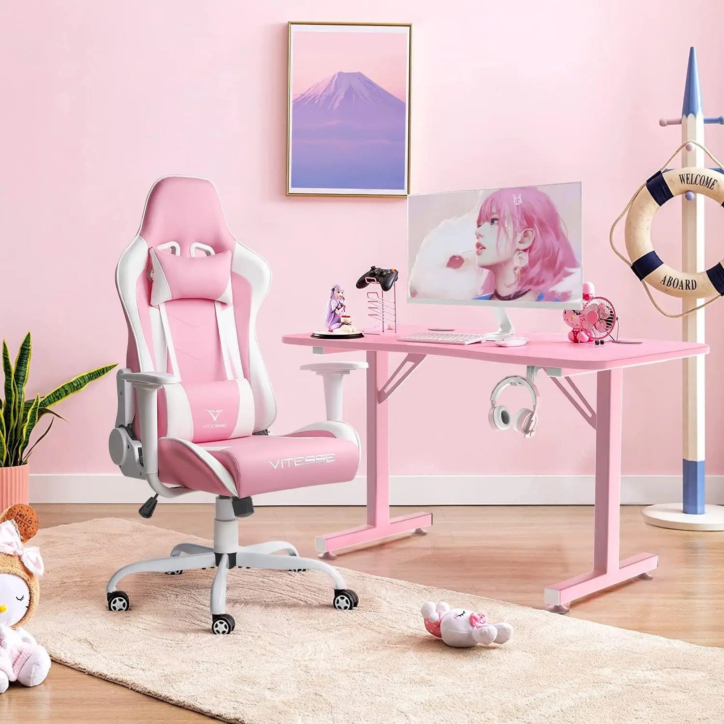 Pink Cute Kawaii Gaming Chair for Girl Ergonomic Desk Racing Office Adjustable High Back Game Swivel Leather Chair with L