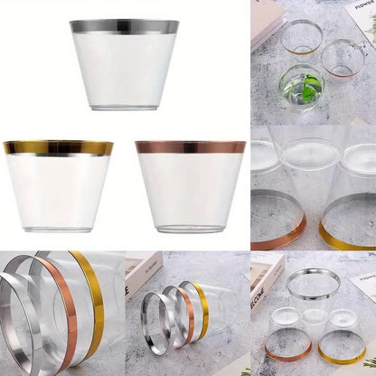 100pcs disposable plastic cups with rose gold and silver edges, 9oz, perfect for weddings, birthday parties, and tableware,