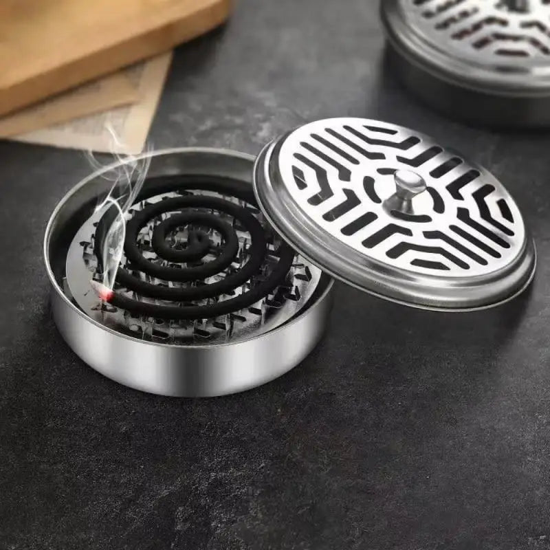 Stainless Steel Chassis Ash Tray With Cover Round Multifunctional Mosquito Coil Holder Sawtooth Mesh Bracket Incense Burner Box