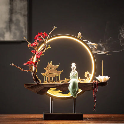 USB Light Ring Ornament LED Light Reflux Incense Burner Simulation Tree Ceramic Lotus Buddha Bead Home and Office Decoration