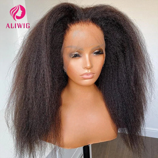 13x4 Kinky Straight Lace Front Human Hair Wig With Kinky Edges Baby Hair Glueless Yaki Straight HD Lace Frontal Wigs For Women