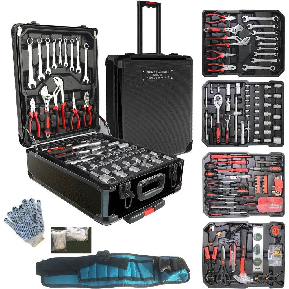 799pcs Aluminum Trolley Case Tool Set Silver, House Repair Kit Set, Household Hand Tool Set, with Tool Belt,Gift - MarvelouStoree