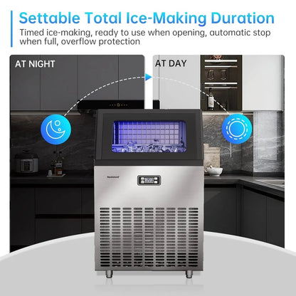 Commercial Ice Maker Machine,Stainless Steel,Automatic Cleaning,Blue Ray,Perfect for Bar or Business,includes Ice Shovel, Hose