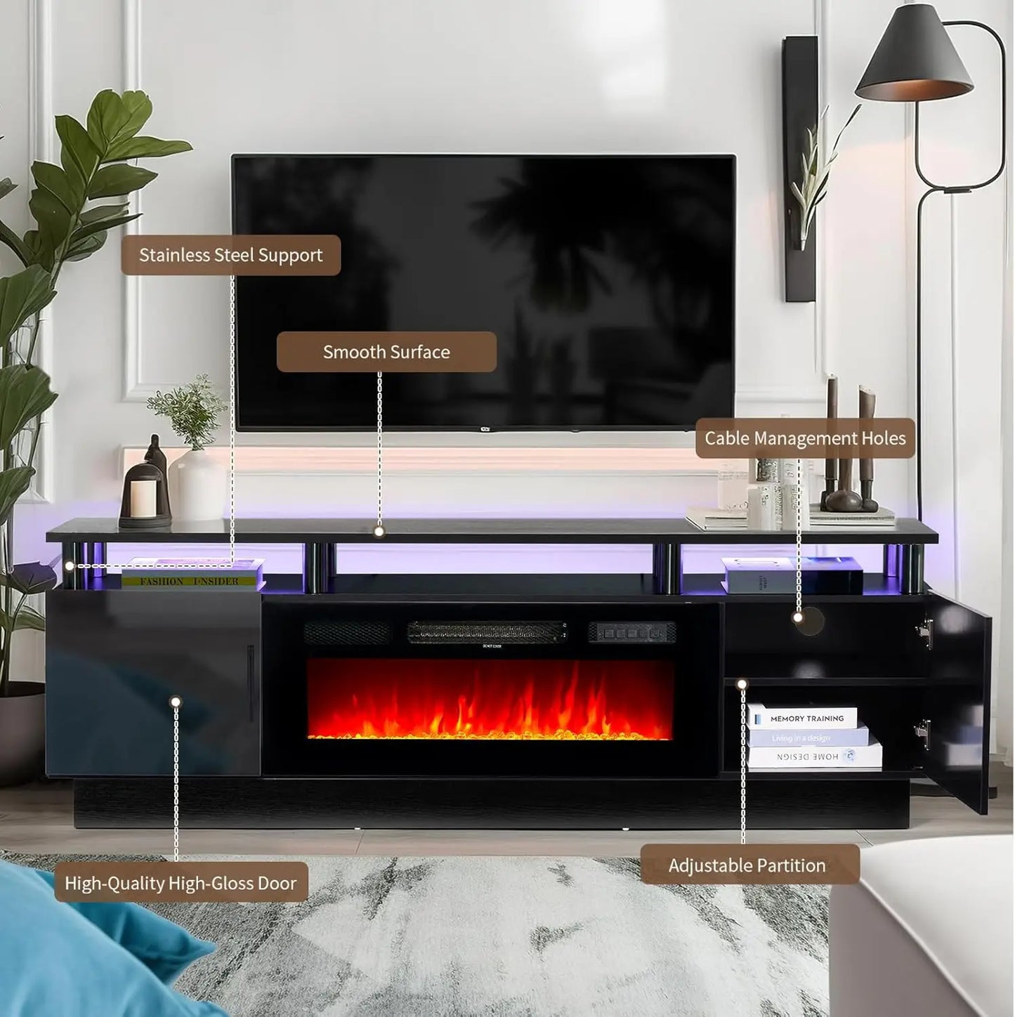 70" Modern Electric Fireplace TV Stand for TVs Up to 80 inch, with Electronic Flame and LED Lights, Luxury High Gloss Finish Ent