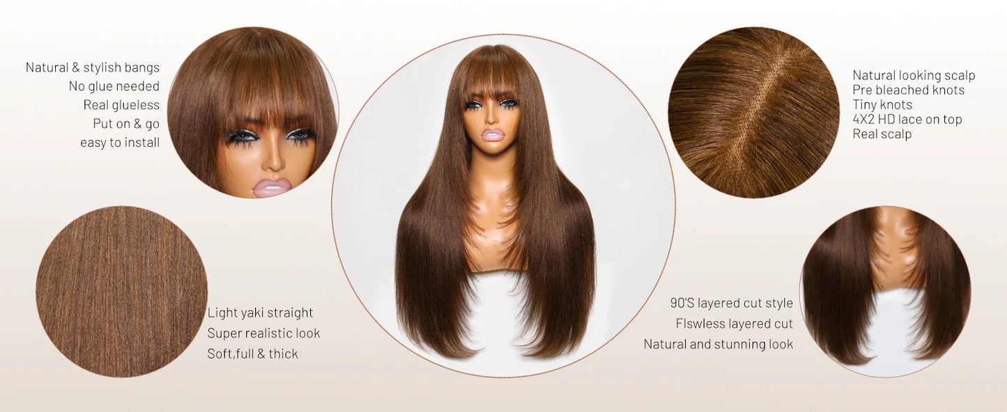 Unice Yaki Straight 4x2 Lace Wig #4 Brown Color Human Hair Wig With Bangs Layered Cut Glueless Wigs Human Hair Ready To Wear