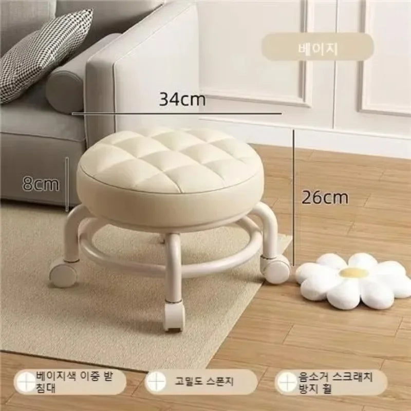 Low Stool with Wheels Waterproof Durable Leather Fabric Portable Small Round Stool Thickening Seat Cushion Simple Soft Stool