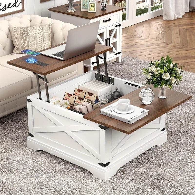 Farmhouse Square Coffee Table, Lift Top Coffee Table with Wireless Charging Station, Coffee Table with Large Hidden Storage - MarvelouStoree