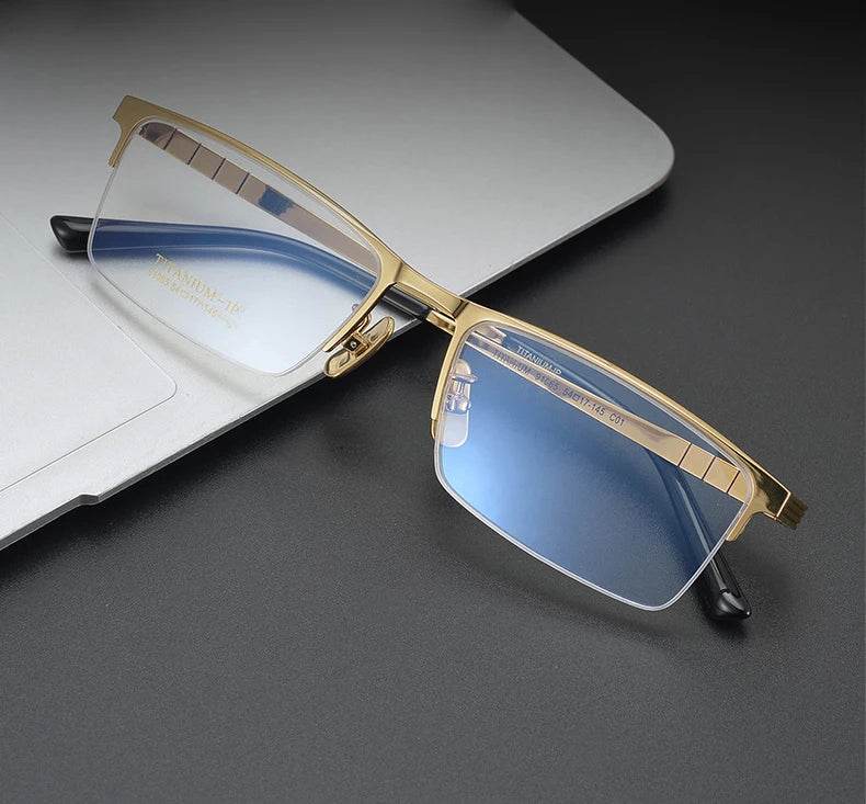 Business Pure Titanium Glasses Frame Men Fashion Square Half Rim Eyeglasses Unique Design Gold Color Eyewear Oculos 91065 - MarvelouStoree