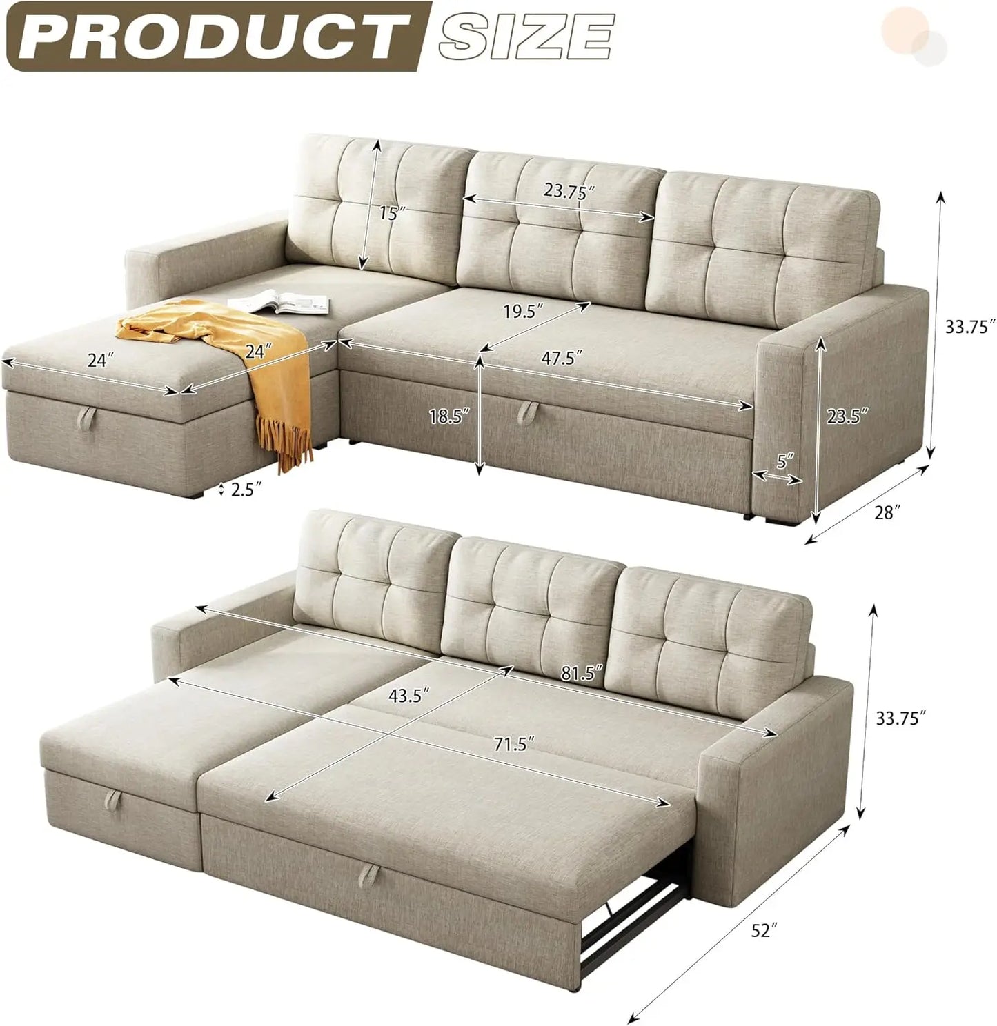 81.5" Sectional Sleeper Sofa with Storage Chaise, L Shaped Pull Out Couch Bed with 3 Removable Back Cushion for Living Room,Apar