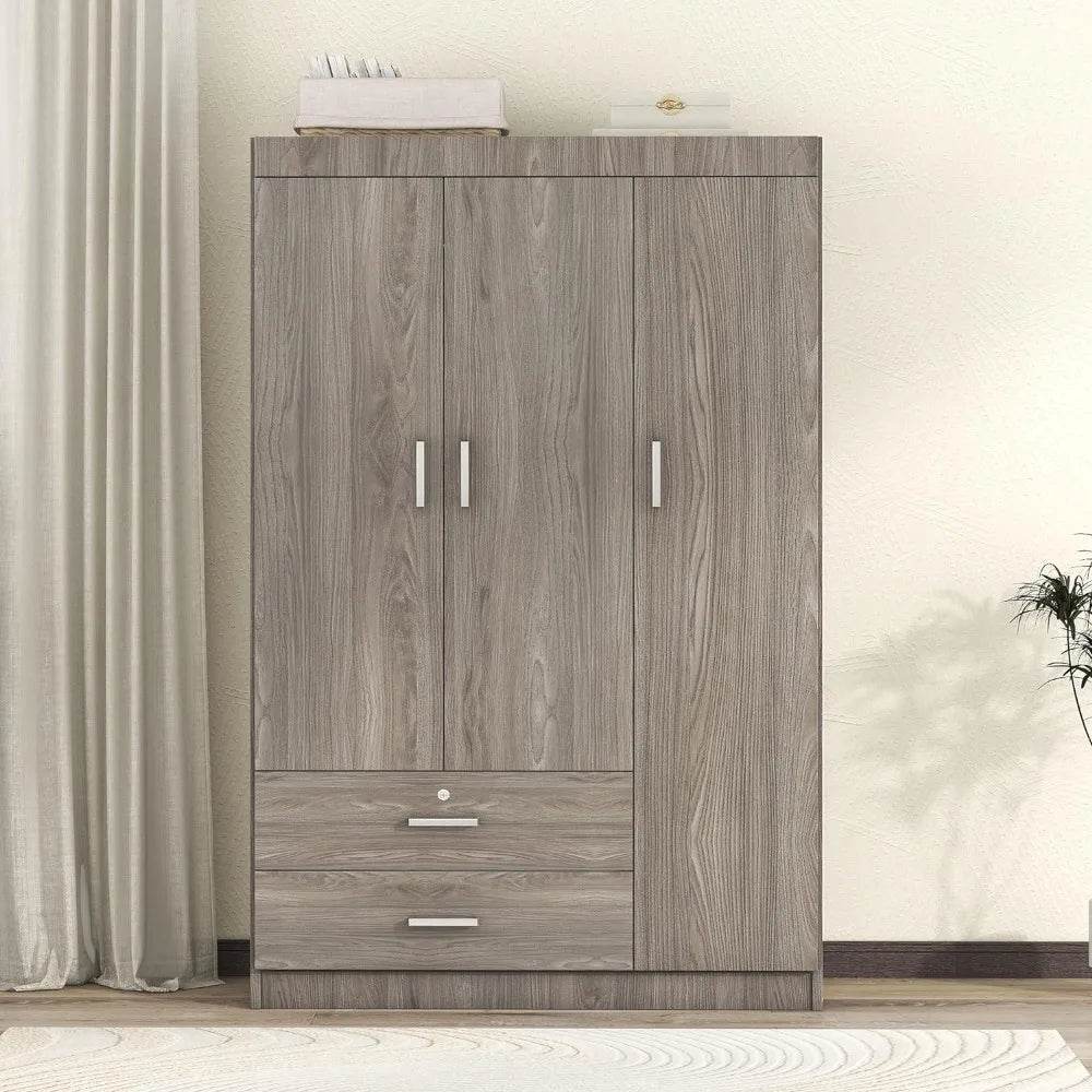 Freestanding Wardrobe Cabinet for Bedroom, 3 Doors Wooden Wardrobe Closet Cabinet with 2 Drawers， with Hanging Rod Shelf - MarvelouStoree