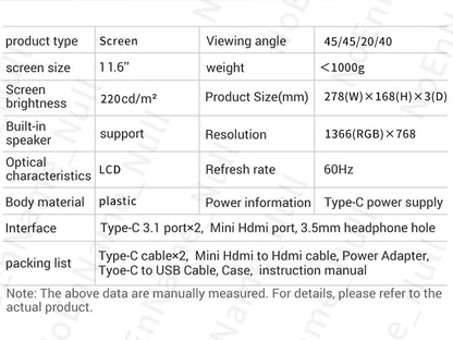 11.6 inch Portable monitor 1366X768 lcd display TFT gaming monitor for pc Raspberry Pi Laptop PS4 Xbox360 switch HDMI-Compatible