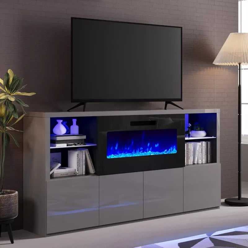 Modern High Gloss 68" Fireplace TV Stand, Media Entertainment Center with Fireplace & LED Lights for TVs up to 78", TV Console