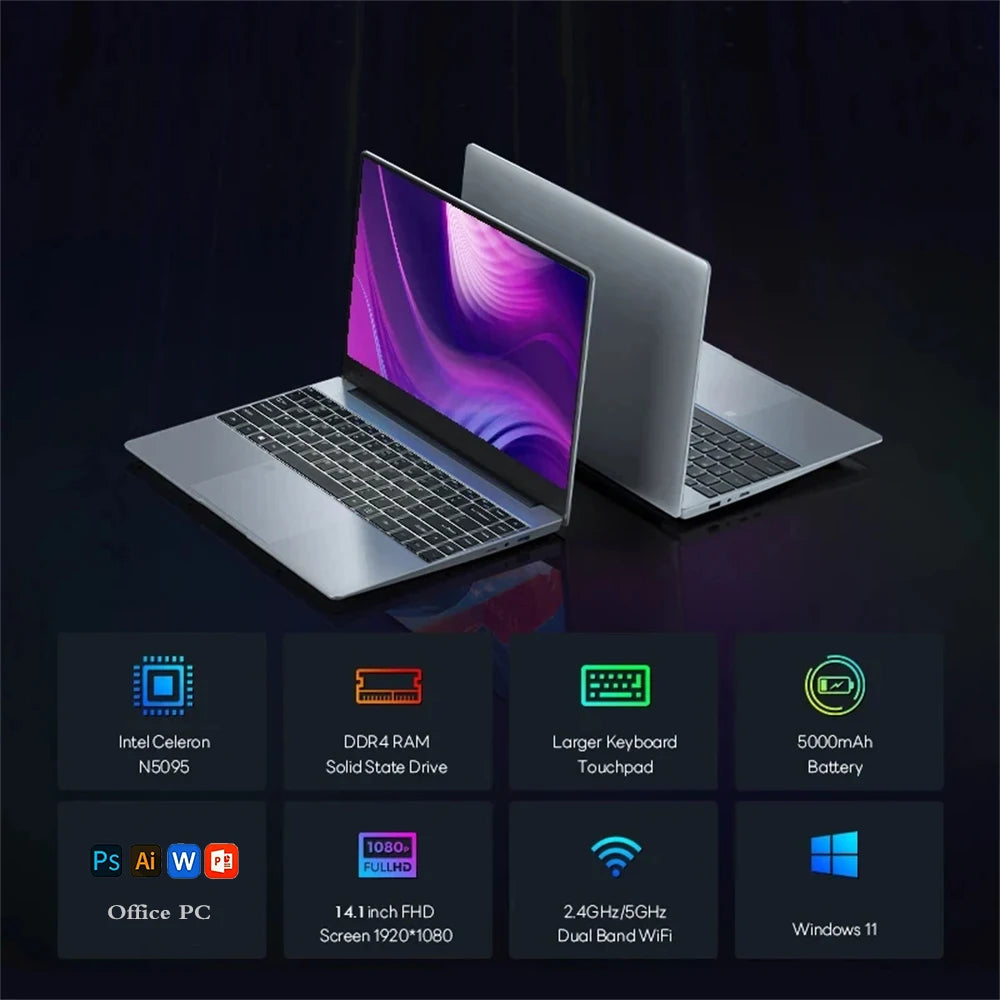 NEW 14.1 Inch Laptop Windows 11 Pro Laptop Computer Intel celeron N5095 HD Screen 16GB RAM 1TB 2TB SSD Gaming laptops Pc Gamer