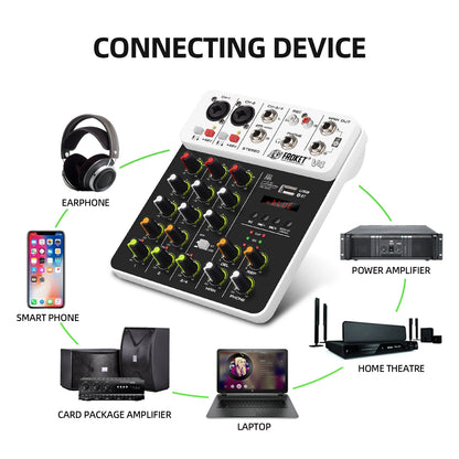 V4 Audio Interface Mixer with Bluetooth USB Recording Computer 48V Phantom Power Delay Replay Effects, 4-Channel Audio Mixer