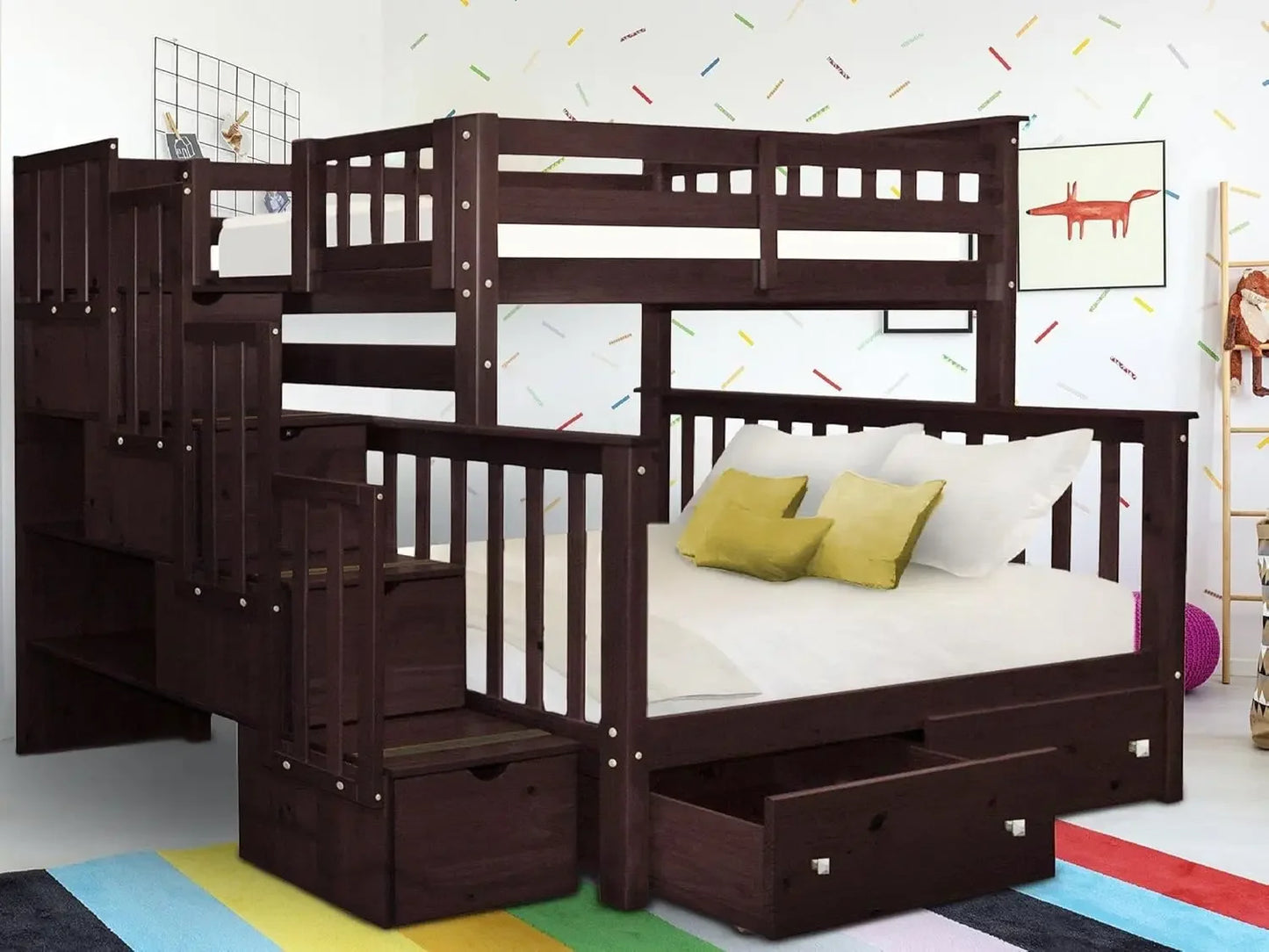 Stairway Bunk Beds Twin Over Full with 4 Drawers in The Steps and 2 Under Bed Drawers Dark Cherry No Particle Board