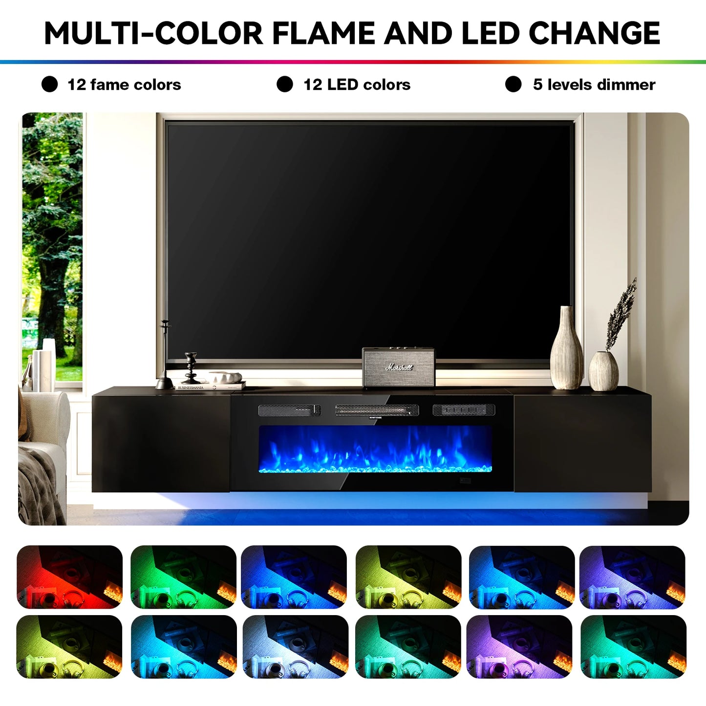 Floating TV Stand with 36" Electric Fireplace,Wall Mounted Fireplace Entertainment Center,70" TV Console with Fireplace