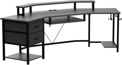 79" Gaming Desk, Computer Desk with 2 Fabric Drawers & LED Light, L Shaped Gaming Desk with Storage Shelf for Home Office