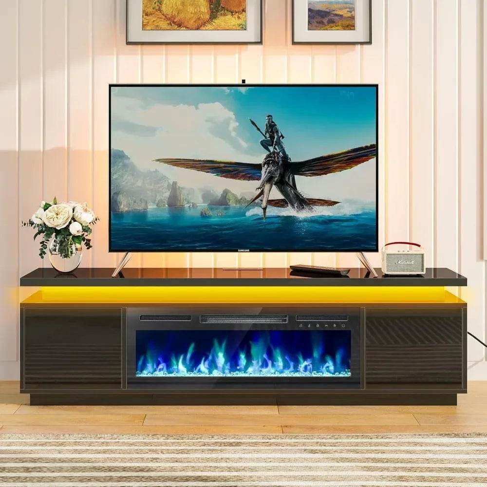 Fireplace TV Stand with Led Lights and Power Outlets, TV Stand Mount with Electric Fireplace, Black Entertainment Center - MarvelouStoree