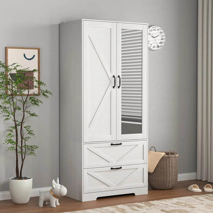 Wardrobe Closet with Mirror Door and 2 Drawer,Farmhouse Bedroom Cabinet with Hanging Rod and Light,Wooden - MarvelouStoree