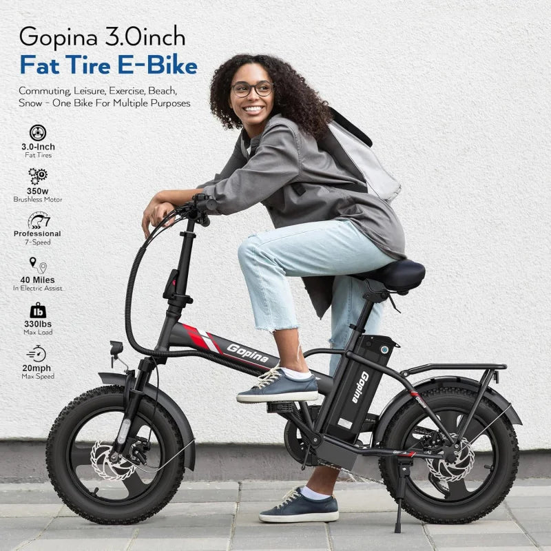 QVivi Gopina , 16" x 3.0 Fat Tire Bike, 350W Folding Electric Bicycle, 48V Removable Battery, Up to 40 Mile