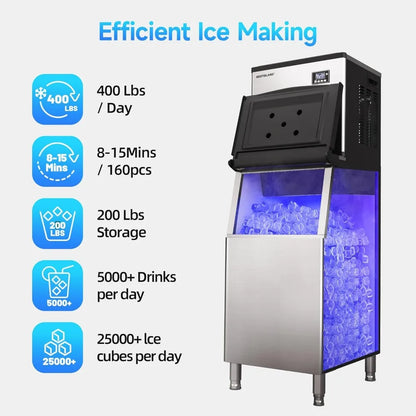 Commercial Ice Maker Machine,Stainless Steel,Automatic Cleaning,Blue Ray,Perfect for Bar or Business,includes Ice Shovel, Hose