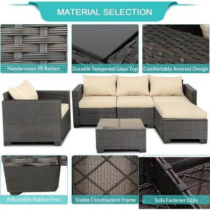 Q6 pieces set outdoor sectional wicker furniture patio couch with Ottoman for lawn, balcony, garden - MarvelouStoree