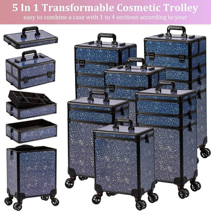 Rolling Makeup Train Case Large Storage Cosmetic Trolley 5 in 1 Large Capacity Trolley Makeup Travel Case with Key Swivel Wheels - MarvelouStoree