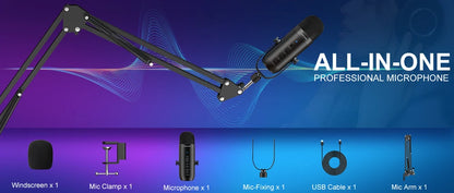 Professional USB Streaming Podcast PC Microphone Studio Cardioid Condenser Mic Kit with Boom Arm For Recording Twitch YouTube