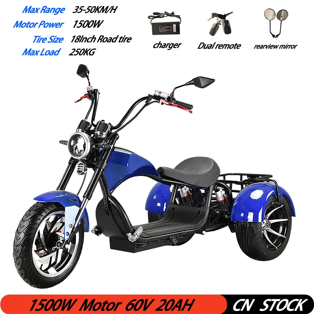 18Inch Fat Tire Electric Motorcycle Max Speed 40KM/H 1500W Powerful Motor Max Load 250KG Adult Citycoco Electric 3 Wheel Scooter