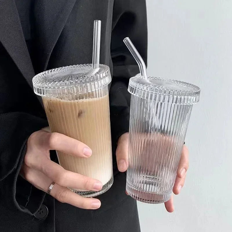 375Ml Stripe Glass Cup with Lid Straw Japanese Style Drinking Chic Mugs Milk Coffee Drinkware Tea Birthday Gifts whiskey Glasses