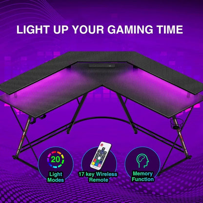 Shaped Gaming Desk with LED Lights & Power Outlets, 50.4” Computer Desk with Monitor Stand & Carbon Fiber Surface,