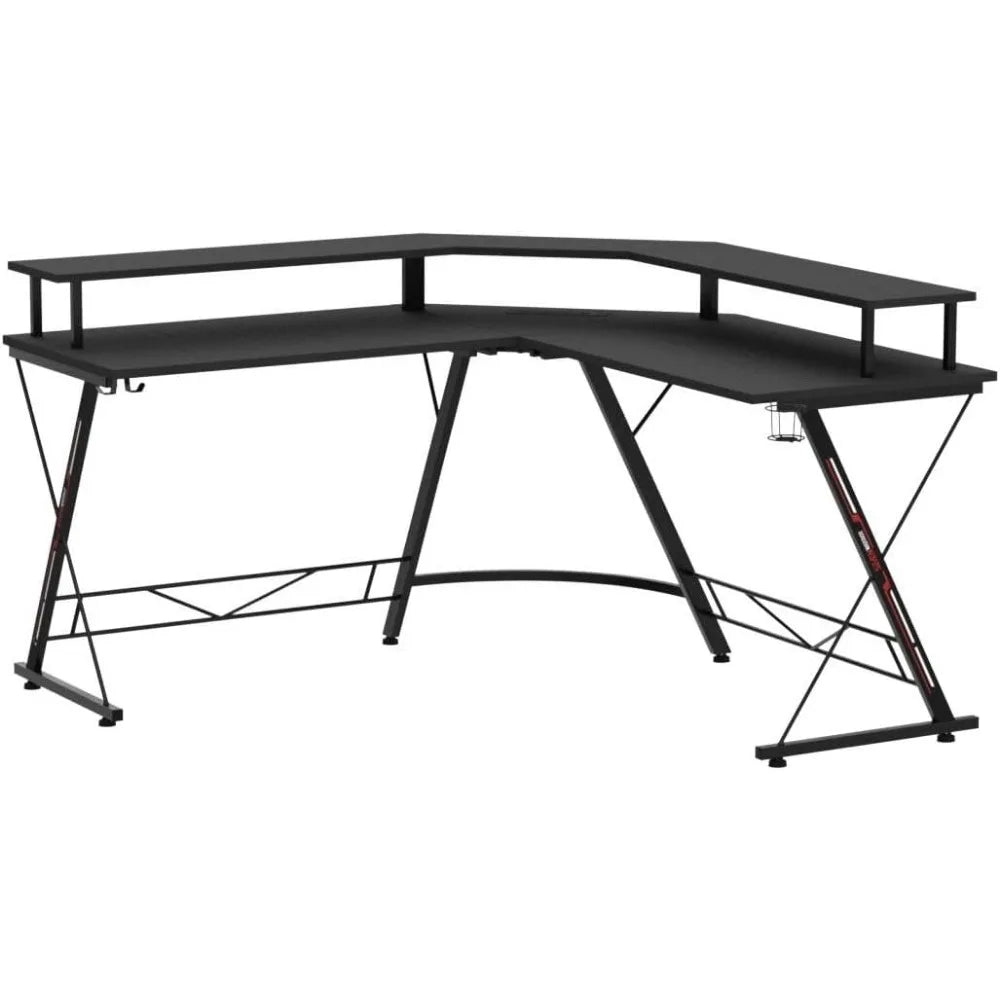 Shaped Gaming Desk with LED Lights & Power Outlets, 50.4” Computer Desk with Monitor Stand & Carbon Fiber Surface,