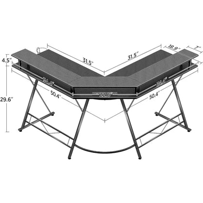 Shaped Gaming Desk with LED Lights & Power Outlets, 50.4” Computer Desk with Monitor Stand & Carbon Fiber Surface,