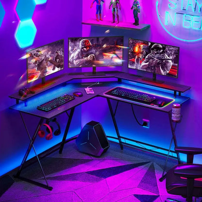 Shaped Gaming Desk with LED Lights & Power Outlets, 50.4” Computer Desk with Monitor Stand & Carbon Fiber Surface,