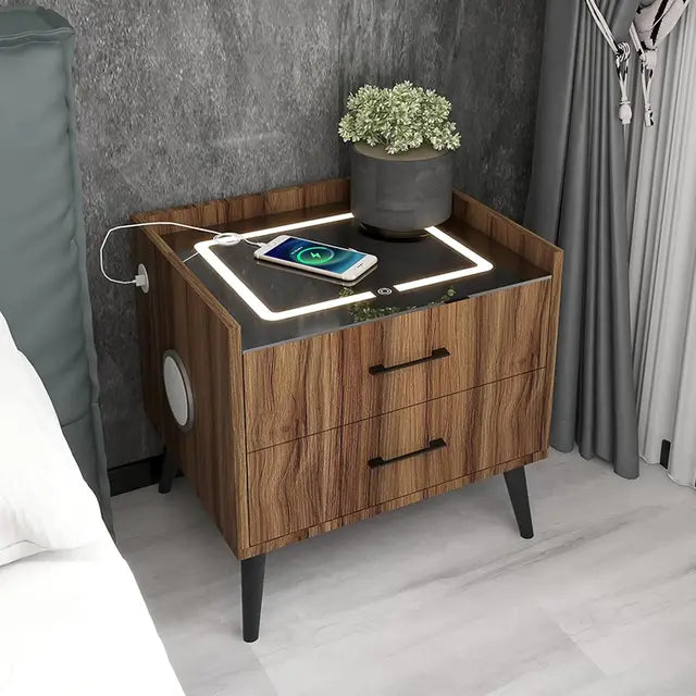 Smart LED Nightstand with 2 Drawers, End Table with Charging Station Wireless and Storage, Bluetooth Speaker Side Table