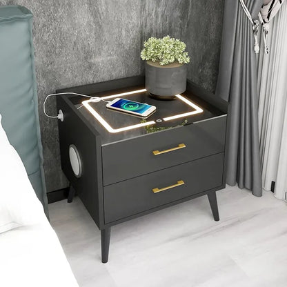 Smart LED Nightstand with 2 Drawers, End Table with Charging Station Wireless and Storage, Bluetooth Speaker Side Table