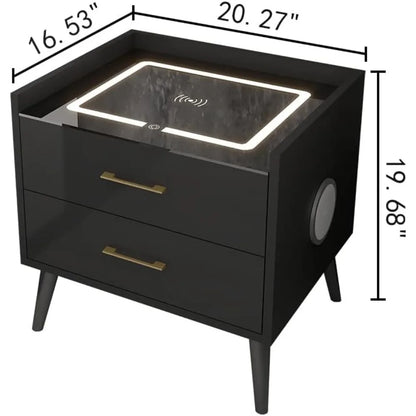 Smart LED Nightstand with 2 Drawers, End Table with Charging Station Wireless and Storage, Bluetooth Speaker Side Table