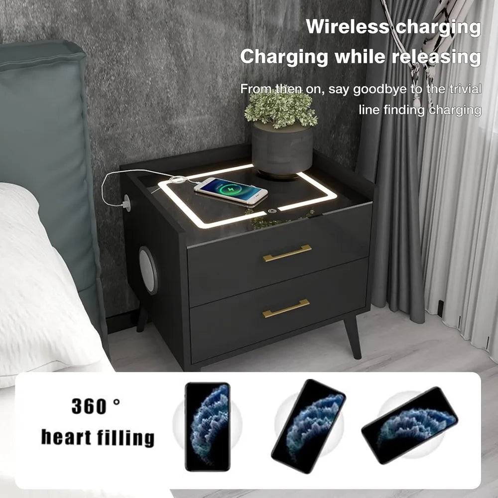 Smart LED Nightstand with 2 Drawers, End Table with Charging Station Wireless and Storage, Bluetooth Speaker Side Table