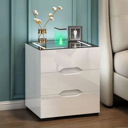 Smart Nightstand with Wireless Charging Station & Adjustable LED Lights, High Gloss End Table with 3 Drawers & USB Charging