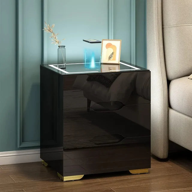 Smart Nightstand with Wireless Charging Station & Adjustable LED Lights, High Gloss End Table with 3 Drawers & USB Charging