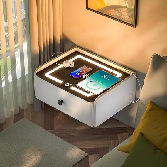 Smart Nightstands,LED Wall Mounted Bedside Table, Rechargeable Floating Bedroom Nightstands