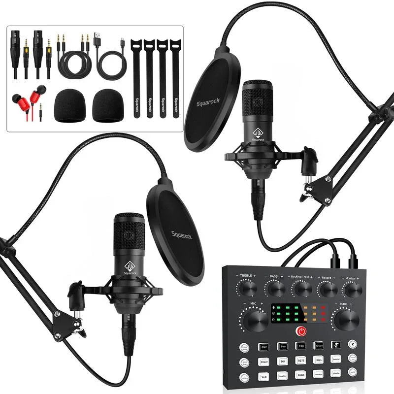 Squarock Podcast Equipment Bundle with DJ Mixer and Condenser Microphone,Audio Mixer Perfect for PC/Phone/Laptop,Recordin,Gaming