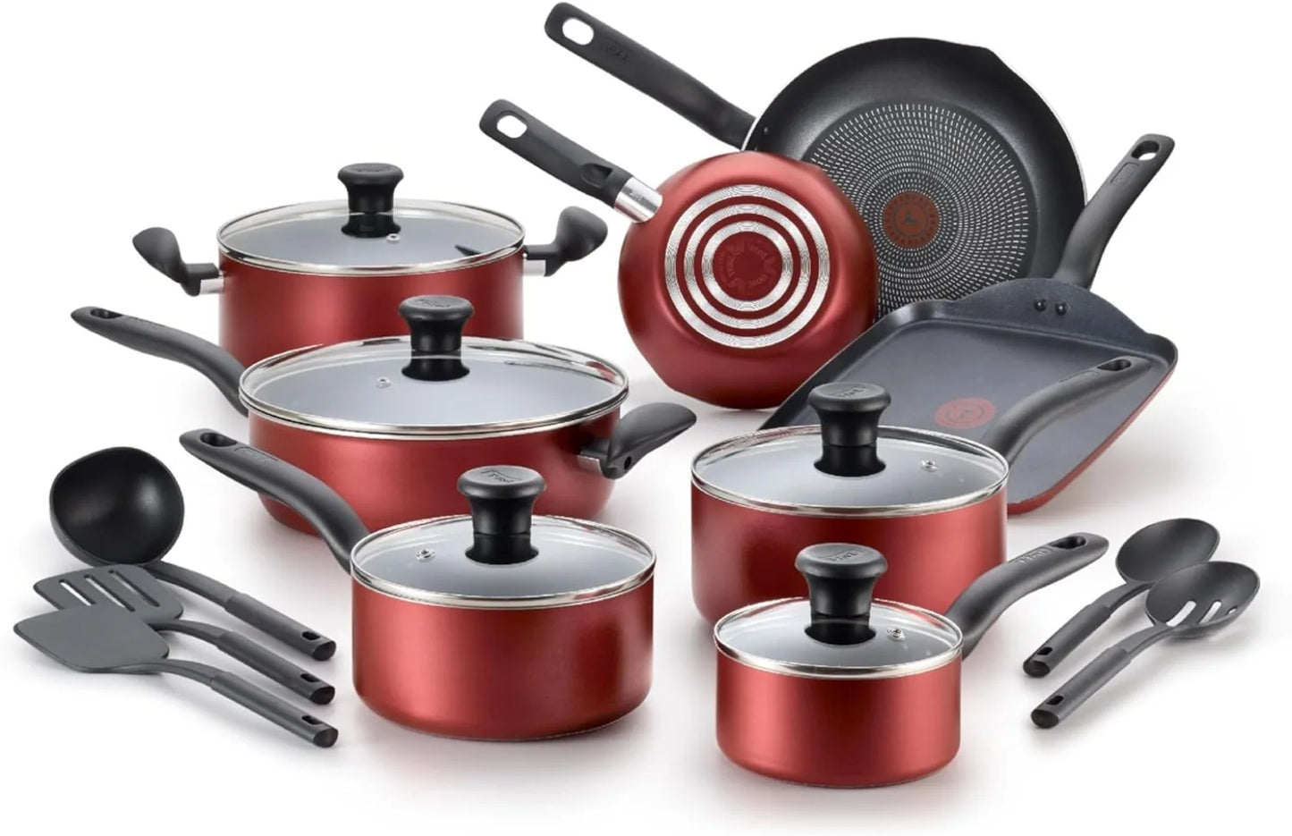 T-fal Initiatives Nonstick Cookware Set 18 Piece, Oven Broiler Safe 350F, Kitchen Cooking Set Home , Dishwasher Safe, Red