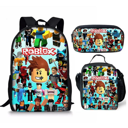 Three-piece Set of 3D New Roblox Student Schoolbag Lunch Bag Pencil Case Roblox Printed Backpack  Gift for Girls Kids Boys