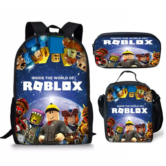 Three-piece Set of 3D New Roblox Student Schoolbag Lunch Bag Pencil Case Roblox Printed Backpack  Gift for Girls Kids Boys